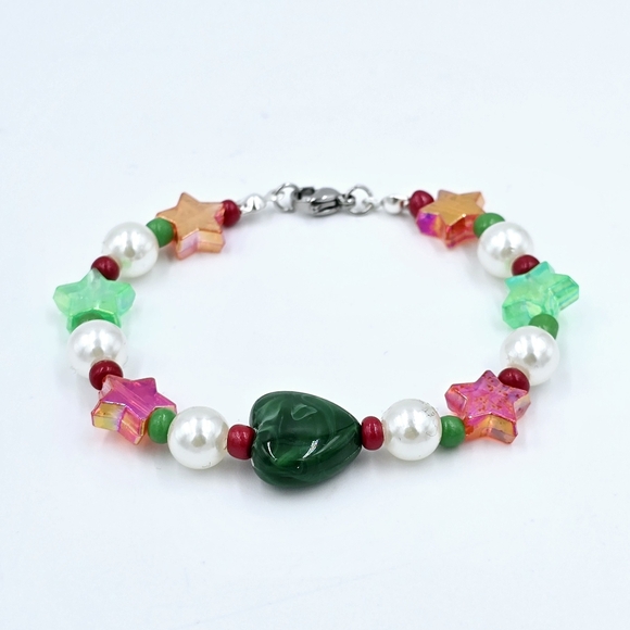 Handmade Christmas Beaded Bracelet Heart Holographic Stars Pearls Seed Beads - Picture 1 of 3